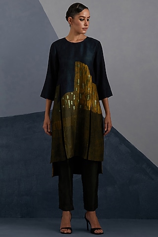 Midnight Blue & Gold Dupion Silk Printed Asymmetric Tunic Set by CLOS