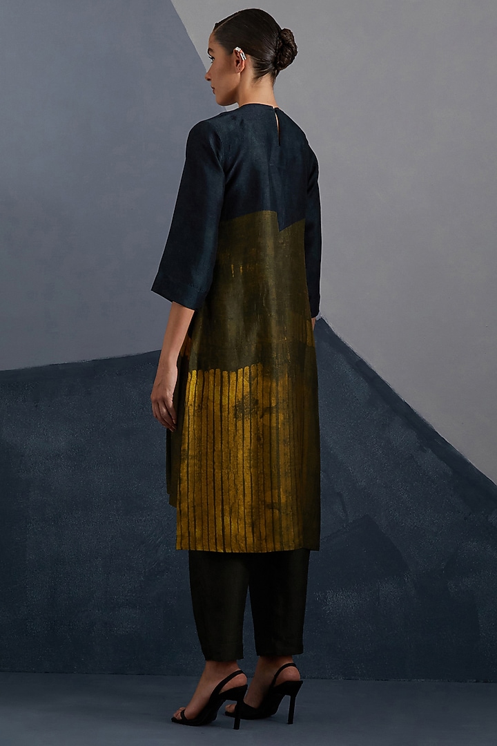 Midnight Blue & Gold Dupion Silk Printed Asymmetric Tunic Set by CLOS at Pernia's Pop Up Shop