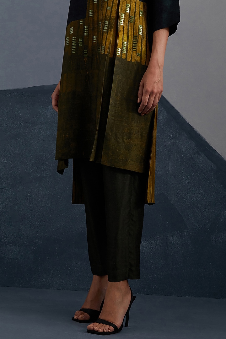 Midnight Blue & Gold Dupion Silk Printed Asymmetric Tunic Set by CLOS at Pernia's Pop Up Shop