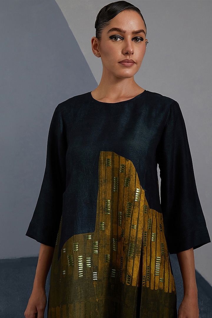 Midnight Blue & Gold Dupion Silk Printed Asymmetric Tunic Set by CLOS at Pernia's Pop Up Shop