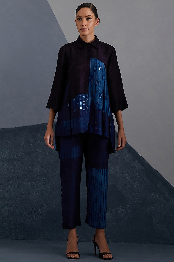 Ink & Sapphire Blue Dupion Silk Printed Co-Ord Set by CLOS at Pernia's Pop Up Shop