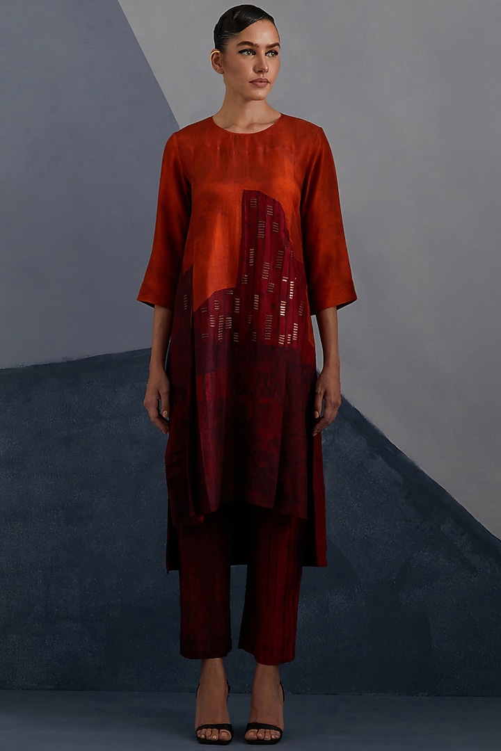 Rust & Crimson Dupion Silk Printed Co-Ord Set by CLOS at Pernia's Pop Up Shop