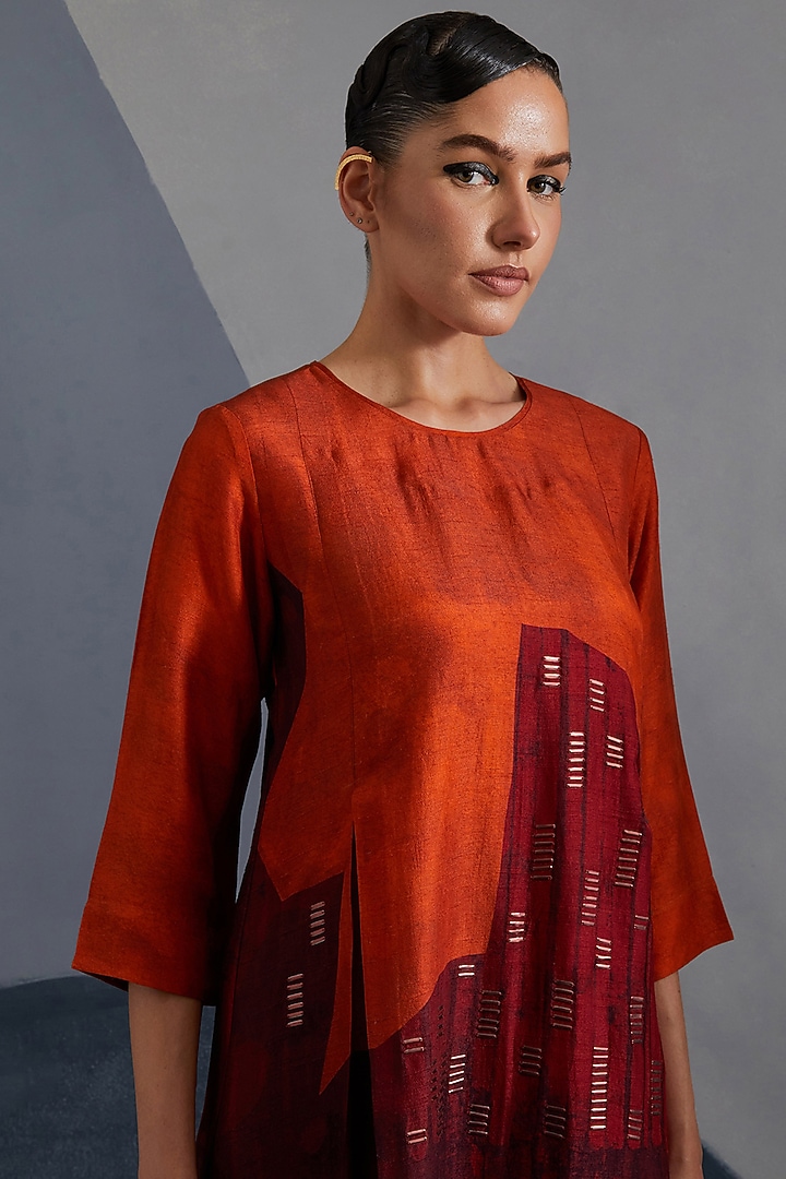 Rust & Crimson Dupion Silk Printed Co-Ord Set by CLOS at Pernia's Pop Up Shop
