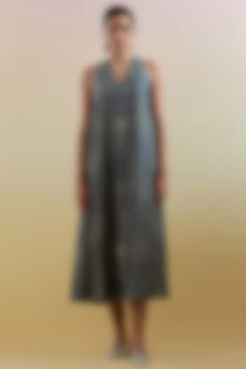 Indigo & Slate Black Dupion Silk Printed A-Line Summer Dress by CLOS at Pernia's Pop Up Shop