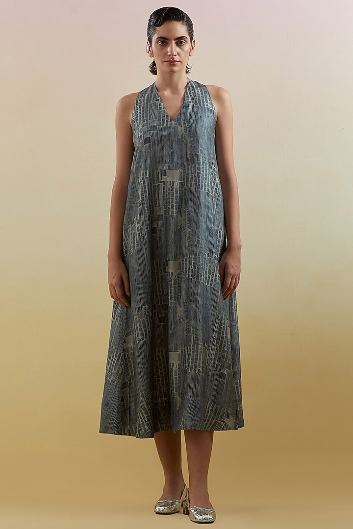 Indigo & Slate Black Dupion Silk Printed A-Line Summer Dress by CLOS at Pernia's Pop Up Shop