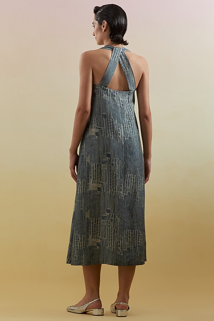 Indigo & Slate Black Dupion Silk Printed A-Line Summer Dress by CLOS at Pernia's Pop Up Shop