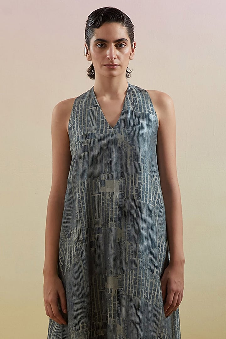 Indigo & Slate Black Dupion Silk Printed A-Line Summer Dress by CLOS at Pernia's Pop Up Shop