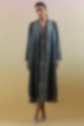 Indigo & Slate Black Dupion Silk Printed & Embellished Jacket Vacation Dress by CLOS at Pernia's Pop Up Shop