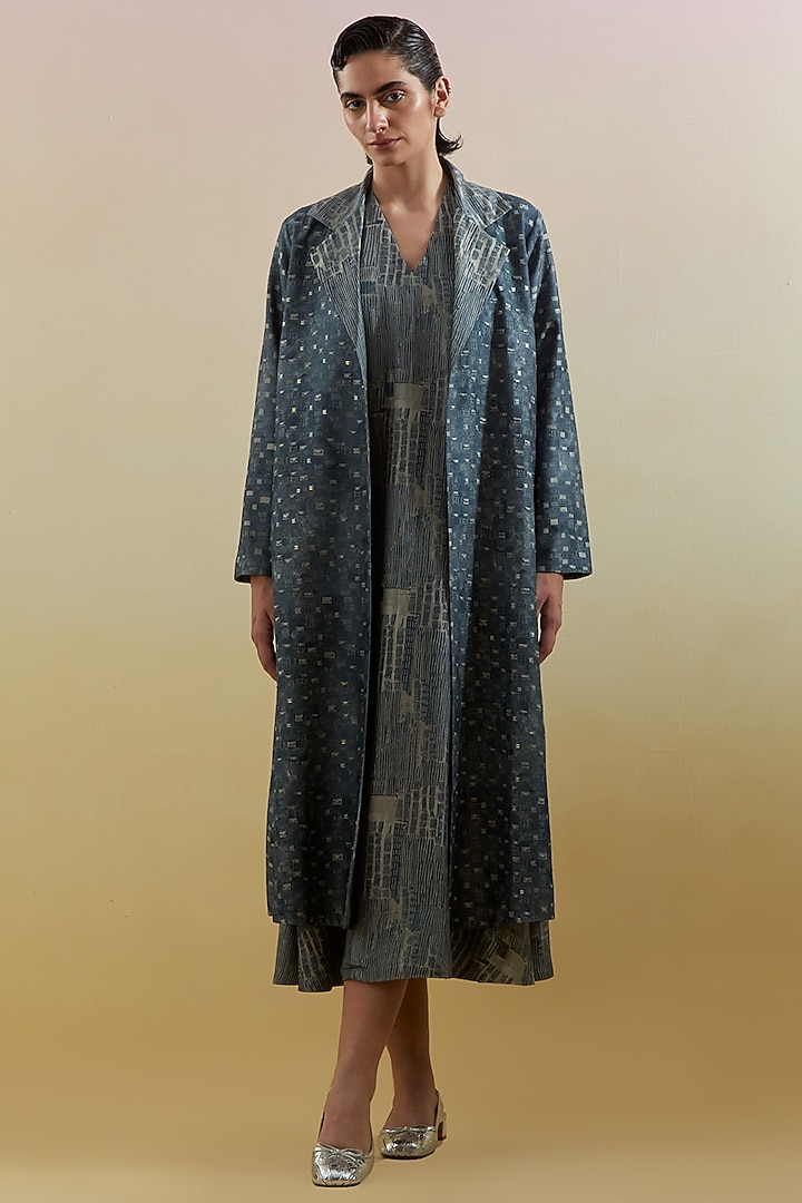 Indigo & Slate Black Dupion Silk Printed & Embellished Jacket Vacation Dress by CLOS at Pernia's Pop Up Shop