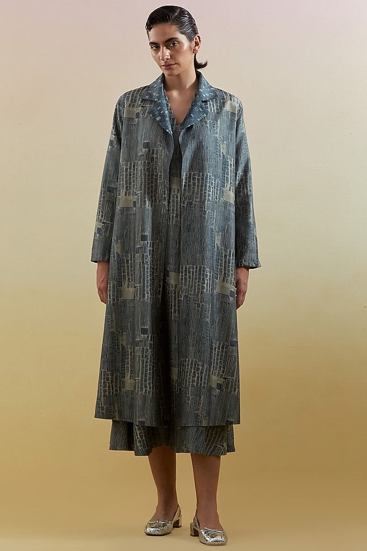 Indigo & Slate Black Dupion Silk Printed & Embellished Jacket Vacation Dress by CLOS at Pernia's Pop Up Shop