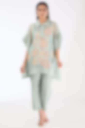 Powder Blue Shimmer Cupro Abstract Printed Co-Ord Set by CLOS at Pernia's Pop Up Shop