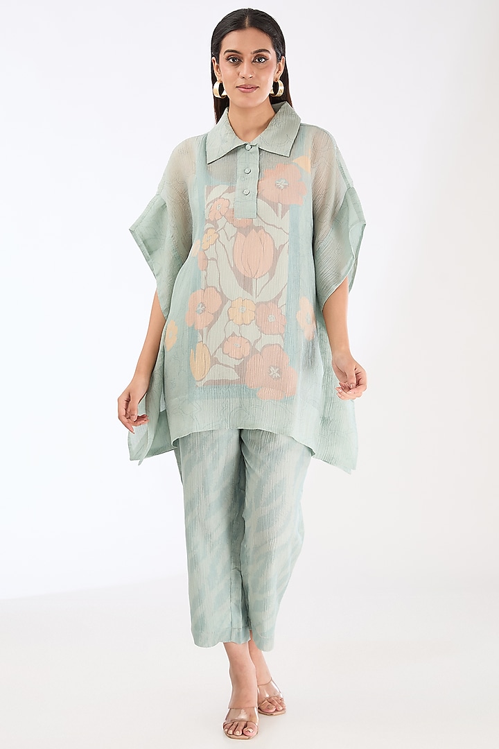 Powder Blue Shimmer Cupro Abstract Printed Co-Ord Set by CLOS at Pernia's Pop Up Shop