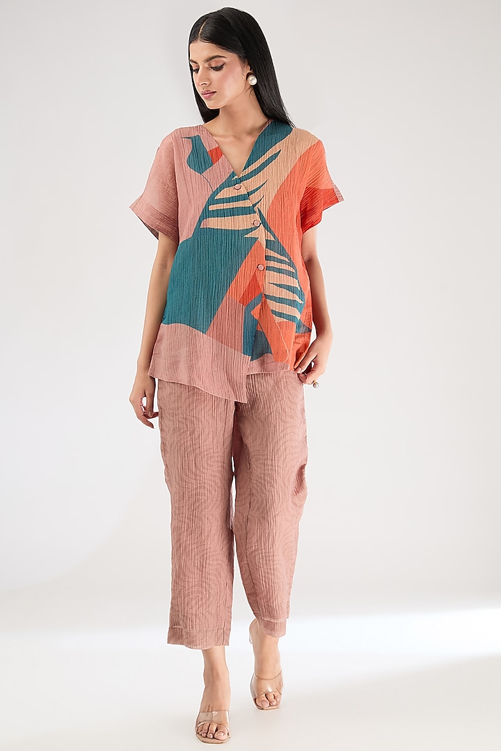 Light Brown Shimmer Cupro Abstract Printed Co-Ord Set by CLOS at Pernia's Pop Up Shop