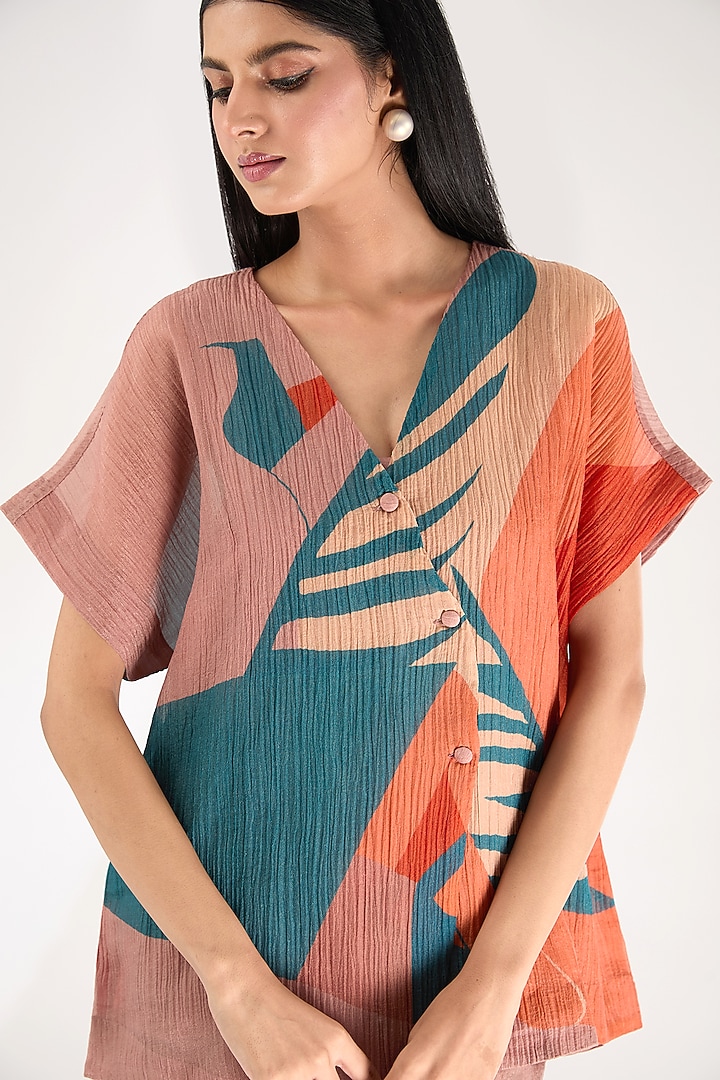 Light Brown Shimmer Cupro Abstract Printed Co-Ord Set by CLOS at Pernia's Pop Up Shop
