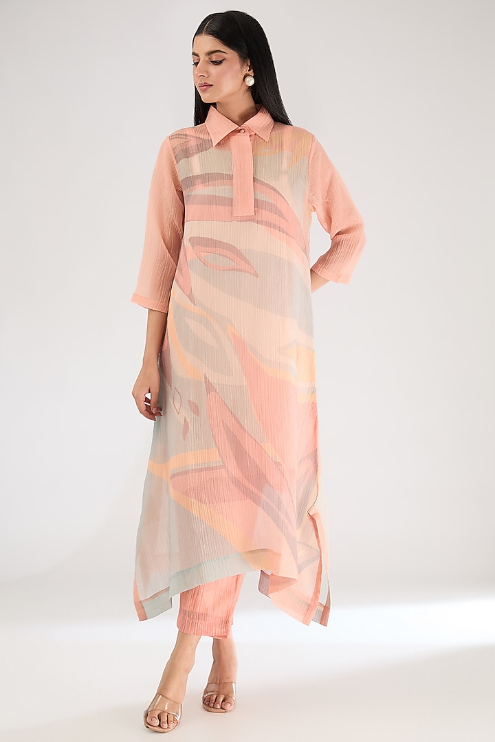 Wine Shimmer Cupro Abstract Printed A-Line Kurta Set by CLOS