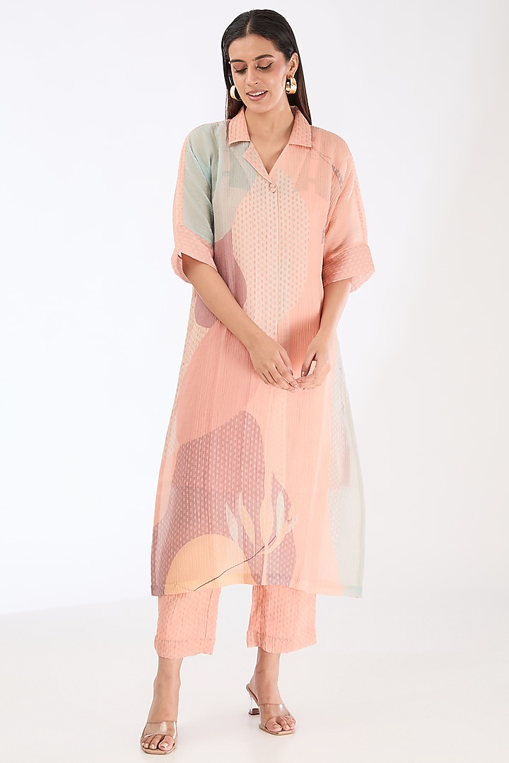 Soft Peach Shimmer Cupro Abstract Printed A-Line Kurta Set by CLOS at Pernia's Pop Up Shop