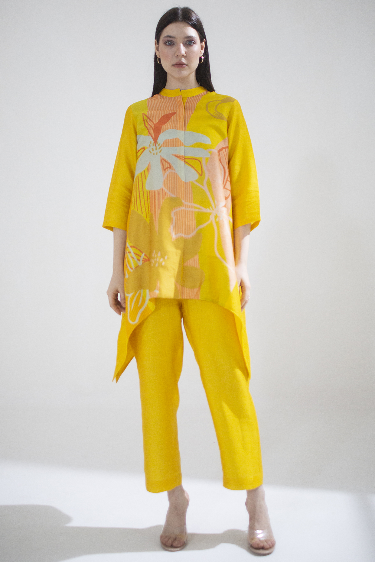 Yellow Dupion Silk Printed Kaftan Set by CLOS at Pernia's Pop Up Shop
