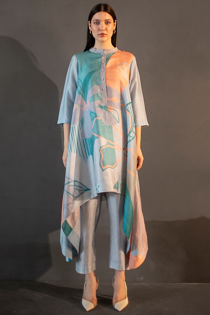 Multi-Colored Dupion Silk Printed Kaftan Set by CLOS at Pernia's Pop Up Shop