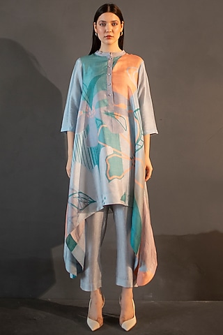 Multi-Colored Dupion Silk Printed Kaftan Set by CLOS