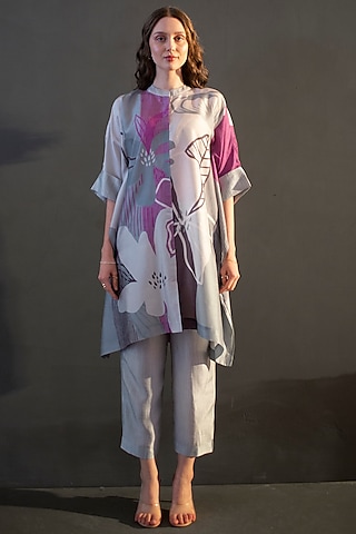 Grey & Purple Dupion Silk Printed Asymmetric Kurta Set by CLOS