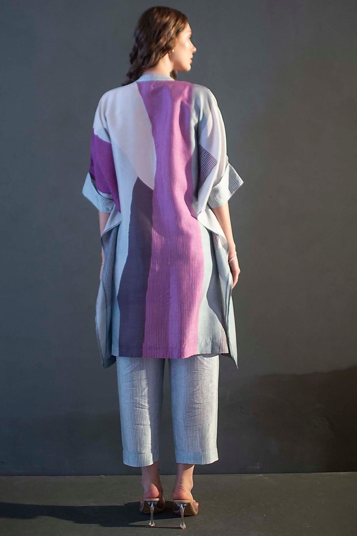 Grey & Purple Dupion Silk Printed Asymmetric Kurta Set by CLOS at Pernia's Pop Up Shop