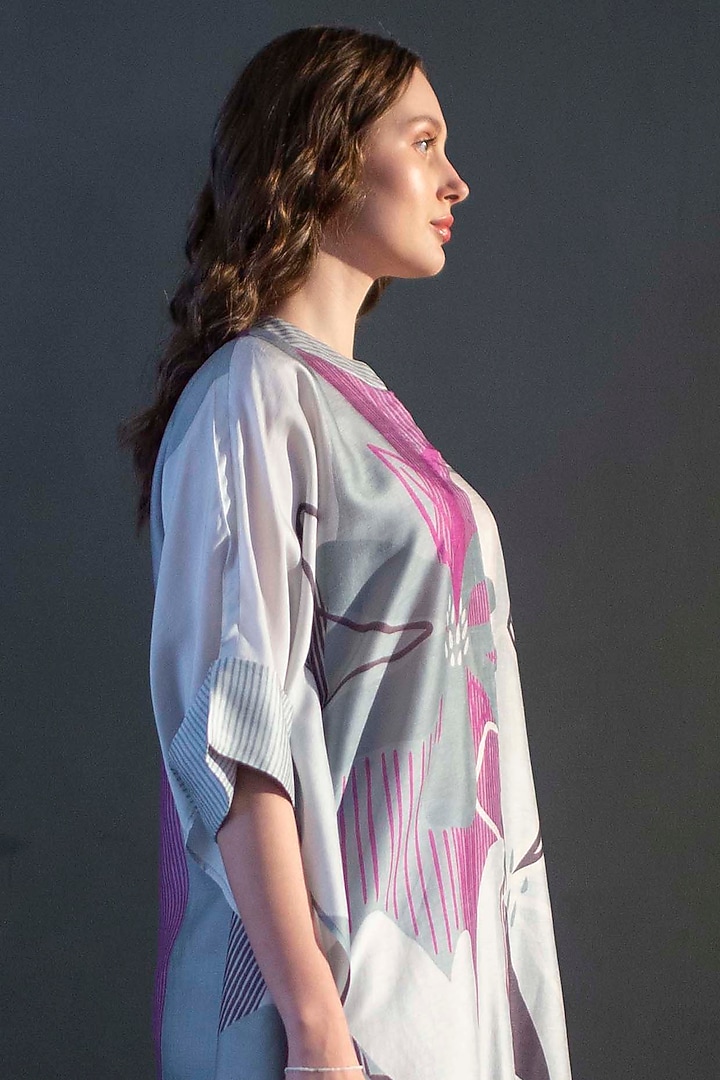Grey & Purple Dupion Silk Printed Asymmetric Kurta Set by CLOS at Pernia's Pop Up Shop