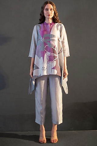Purple & Grey Dupion Silk Printed Kaftan Set by CLOS