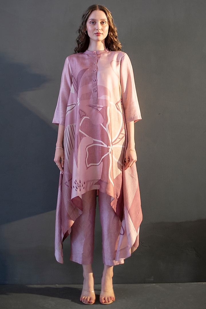 Mauve Pink Dupion Silk Printed Kaftan Set by CLOS