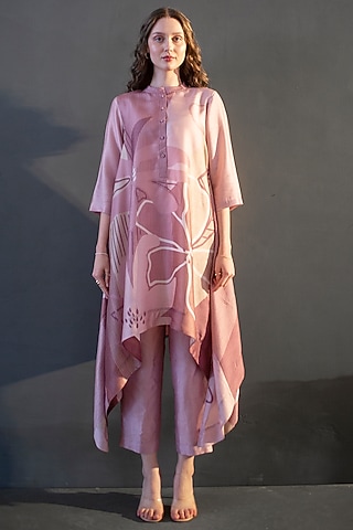 Mauve Pink Dupion Silk Printed Kaftan Set by CLOS