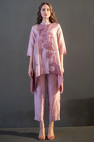 Mauve Pink Dupion Silk Printed Kaftan Set by CLOS
