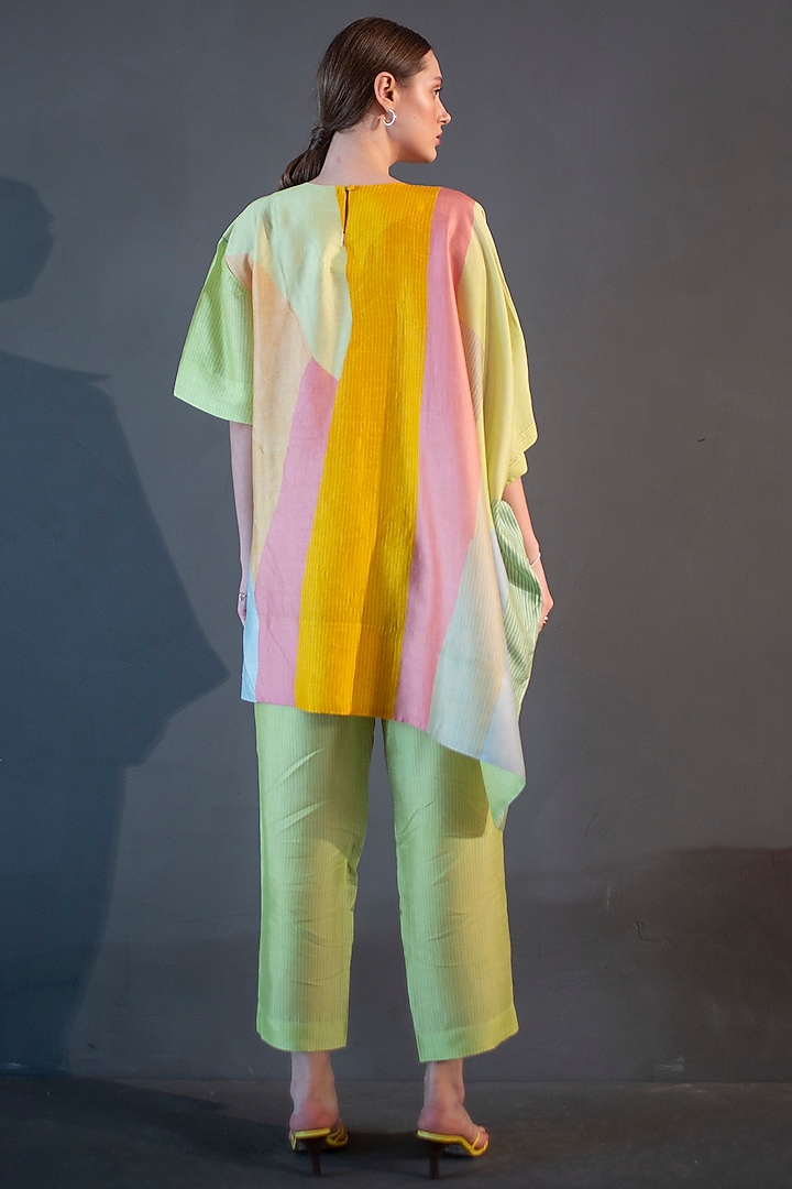 Green & Yellow Dupion Silk Printed Kaftan Set by CLOS at Pernia's Pop Up Shop