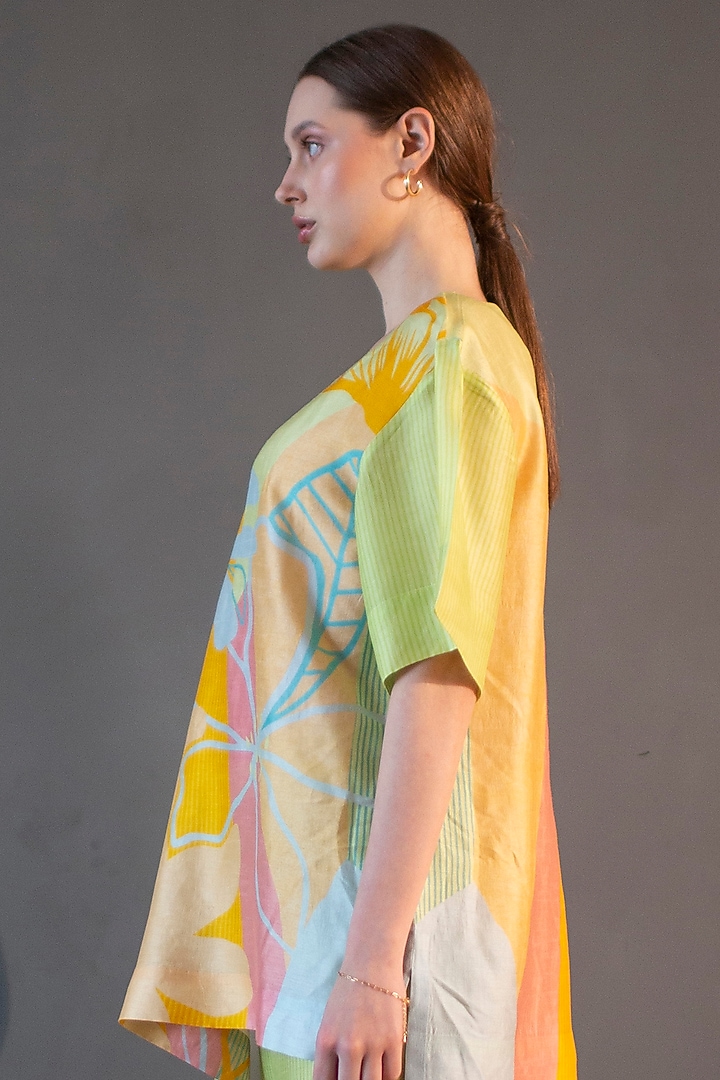 Green & Yellow Dupion Silk Printed Kaftan Set by CLOS at Pernia's Pop Up Shop