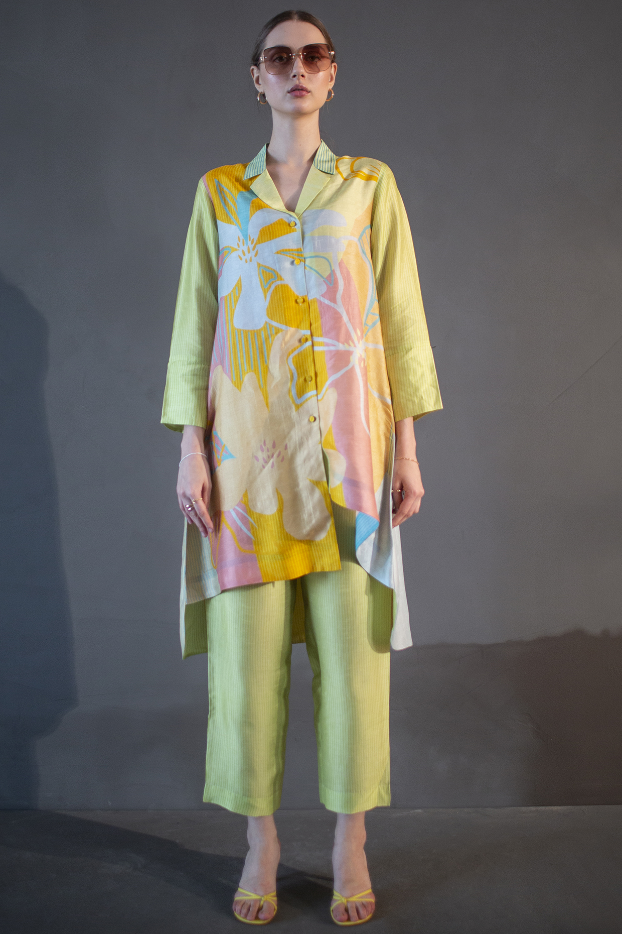 Green & Yellow Dupion Silk Printed High-Low Kurta Set by CLOS at Pernia's Pop Up Shop