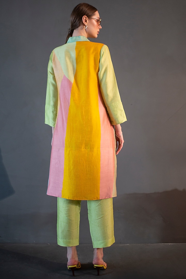 Green & Yellow Dupion Silk Printed High-Low Kurta Set by CLOS at Pernia's Pop Up Shop
