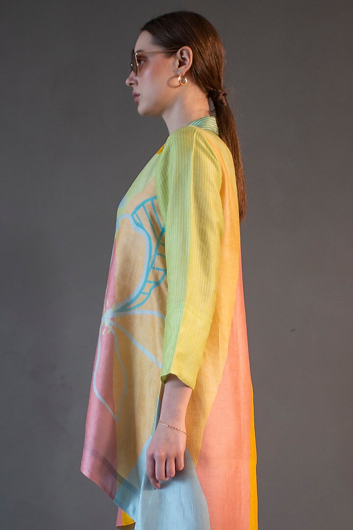 Green & Yellow Dupion Silk Printed High-Low Kurta Set by CLOS at Pernia's Pop Up Shop