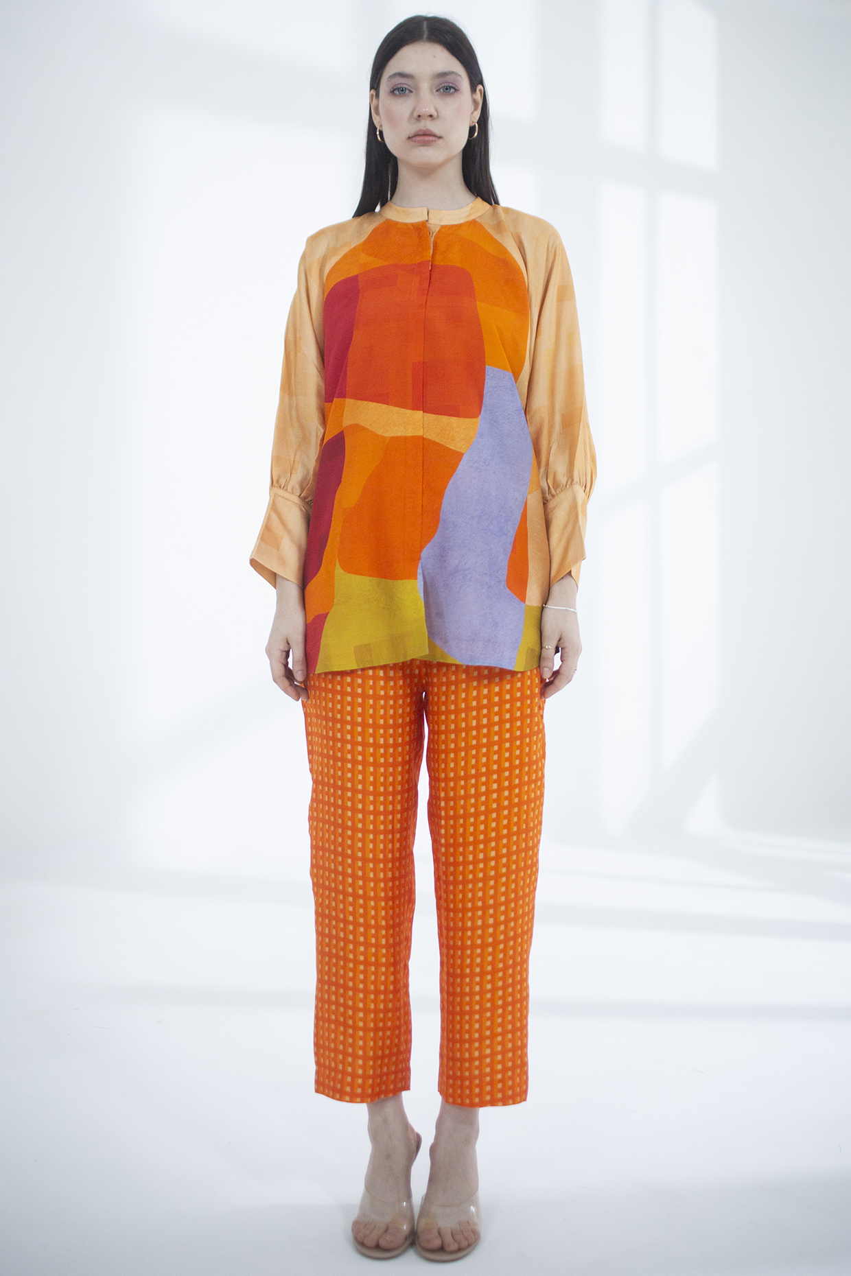 Deep Orange Dupion Silk Printed Co-Ord Set by CLOS at Pernia's Pop Up Shop