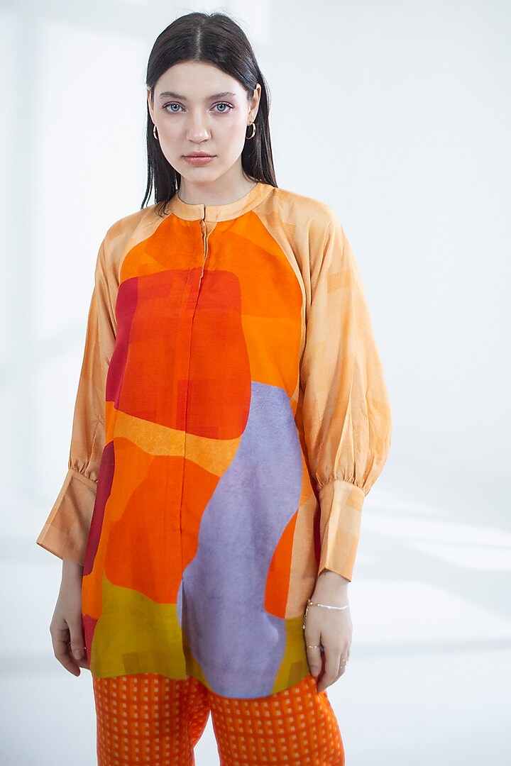 Deep Orange Dupion Silk Printed Co-Ord Set by CLOS at Pernia's Pop Up Shop