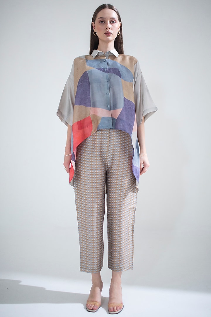 Brown & Blue Dupion Silk Printed Co-Ord Set by CLOS at Pernia's Pop Up Shop