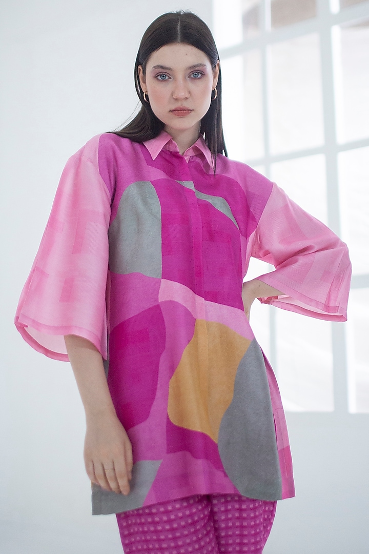Bright Pink Dupion Silk Printed Co-Ord Set by CLOS at Pernia's Pop Up Shop