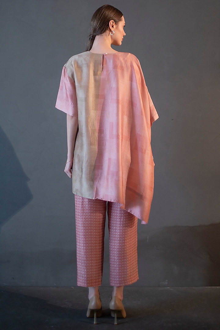 Peach & Blue Dupion Silk Printed Kaftan Set by CLOS at Pernia's Pop Up Shop