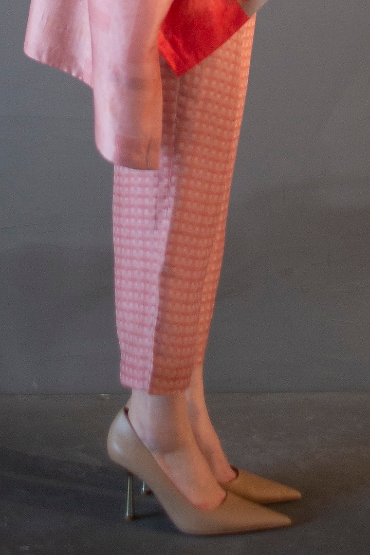 Peach & Blue Dupion Silk Printed Kaftan Set by CLOS at Pernia's Pop Up Shop