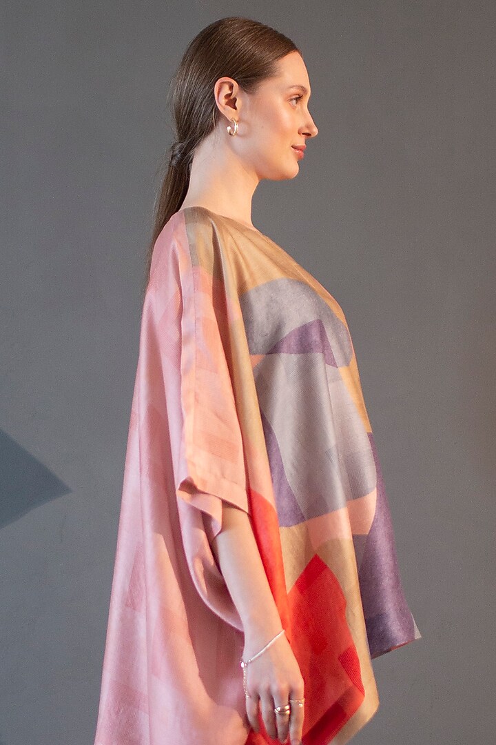 Peach & Blue Dupion Silk Printed Kaftan Set by CLOS at Pernia's Pop Up Shop