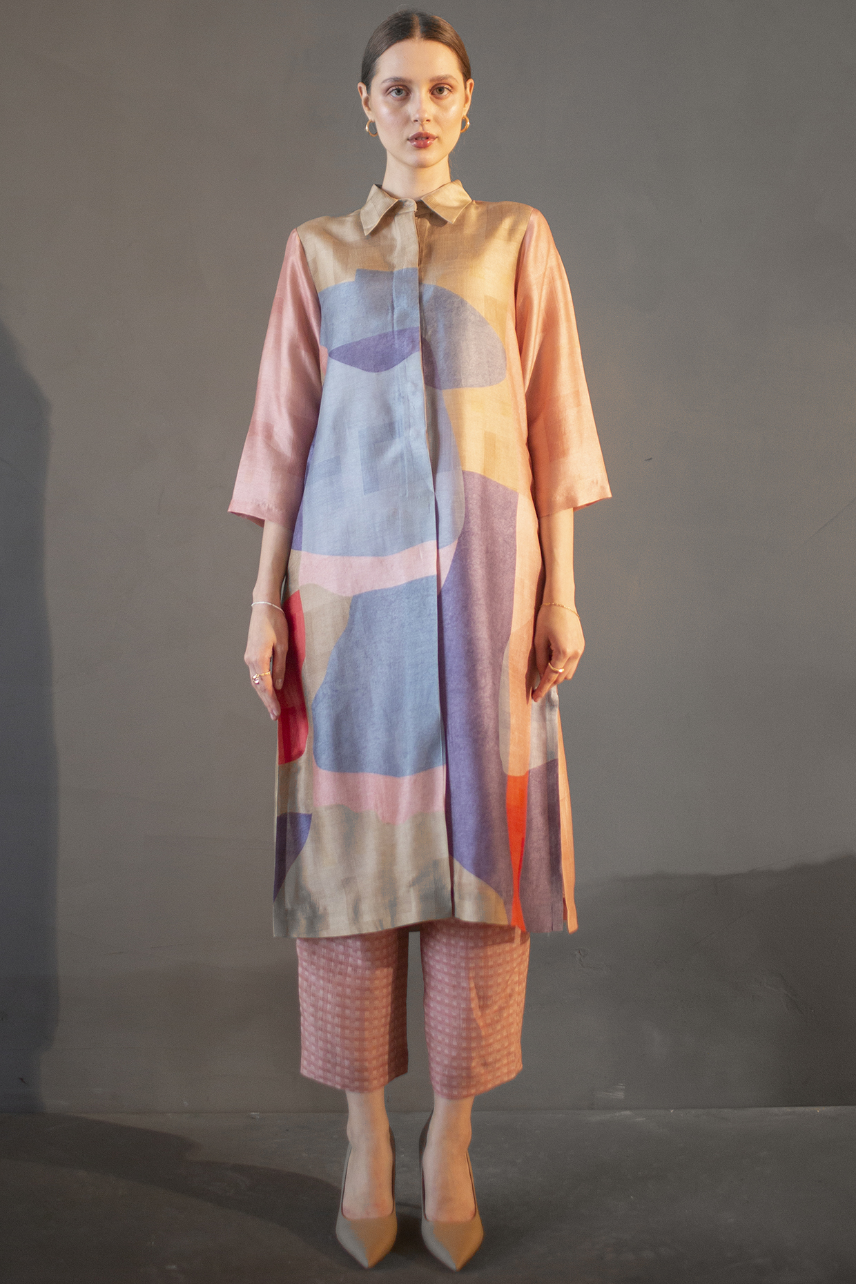 Peach & Blue Dupion Silk Printed Kurta Set by CLOS at Pernia's Pop Up Shop