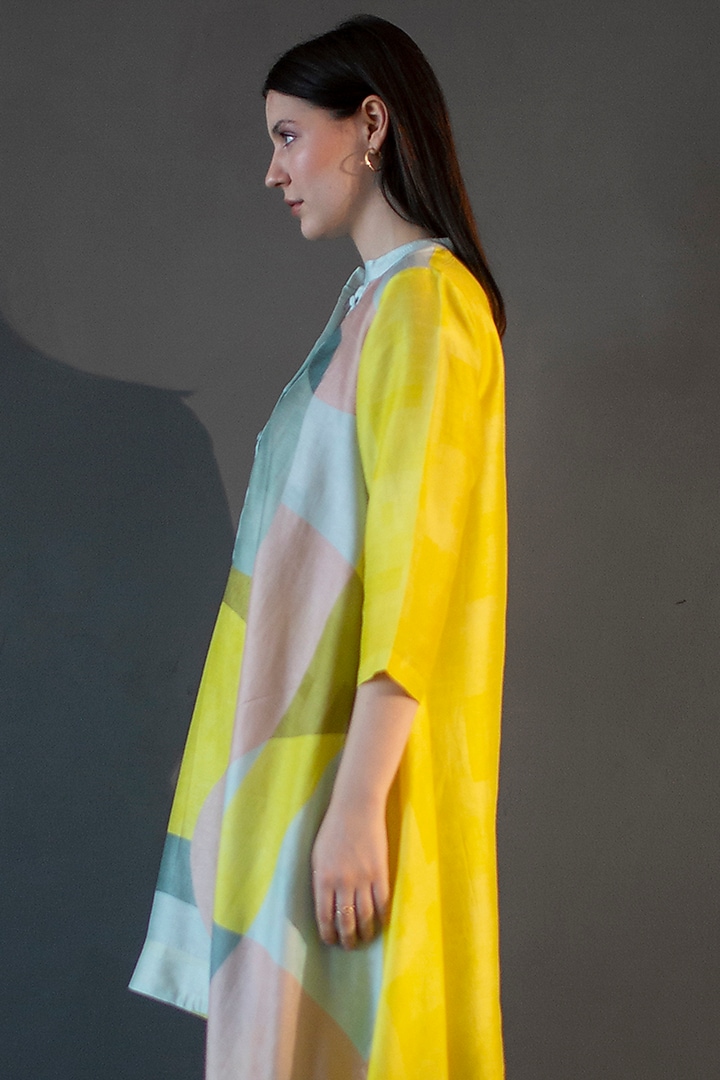 Deep Yellow Dupion Silk Printed Kaftan Set by CLOS at Pernia's Pop Up Shop