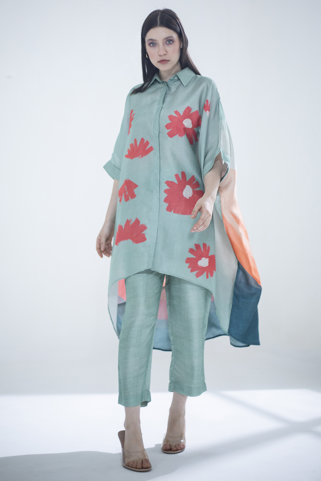 Deep Turquoise Dupion Silk Printed Kaftan Set by CLOS at Pernia's Pop Up Shop