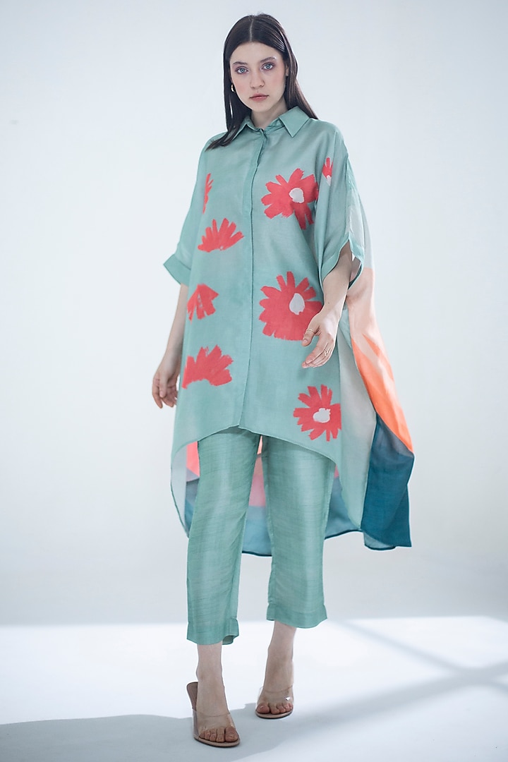 Deep Turquoise Dupion Silk Printed Kaftan Set by CLOS at Pernia's Pop Up Shop