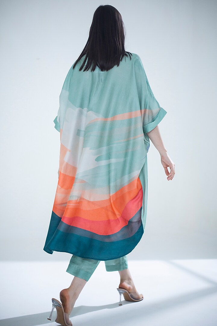 Deep Turquoise Dupion Silk Printed Kaftan Set by CLOS at Pernia's Pop Up Shop
