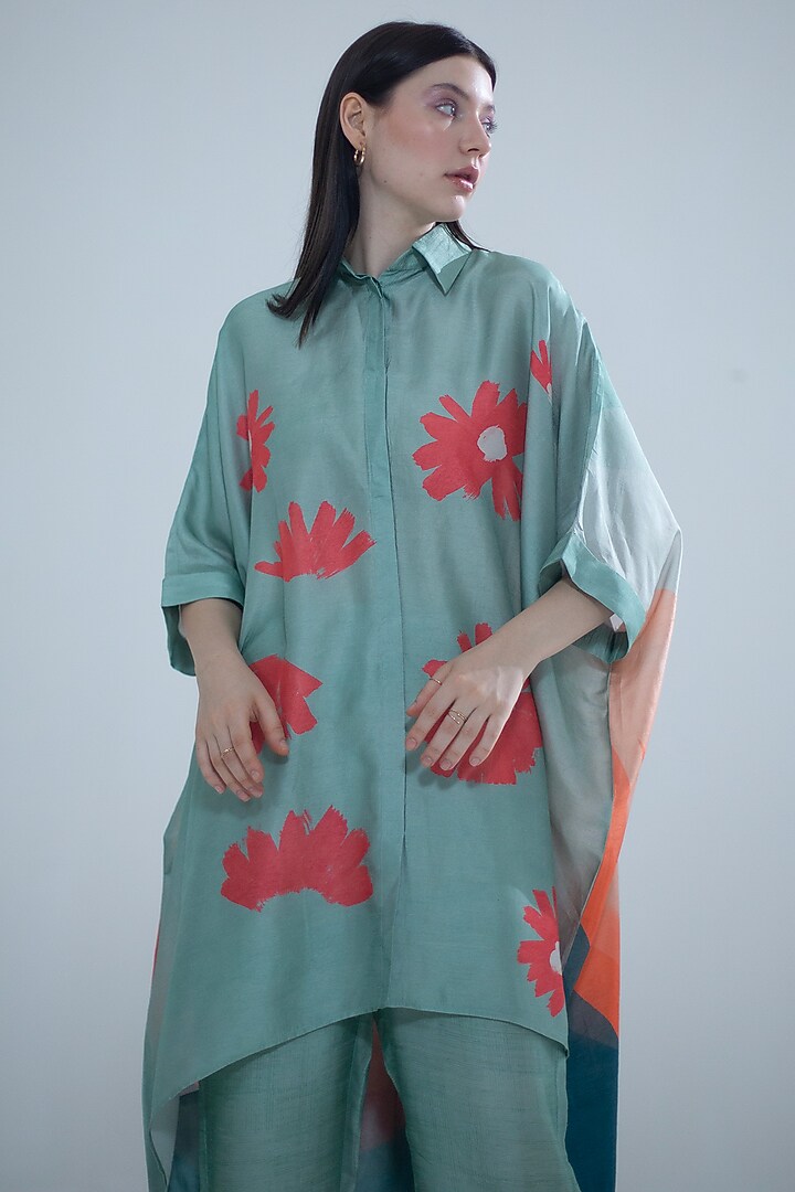 Deep Turquoise Dupion Silk Printed Kaftan Set by CLOS at Pernia's Pop Up Shop