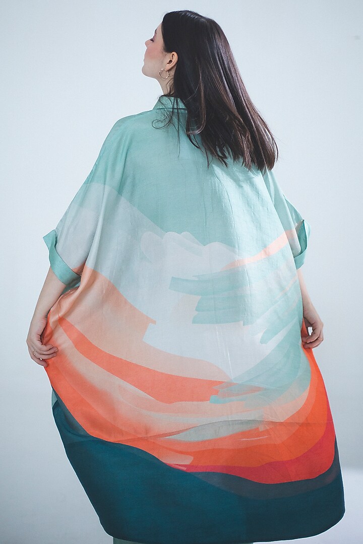 Deep Turquoise Dupion Silk Printed Kaftan Set by CLOS at Pernia's Pop Up Shop