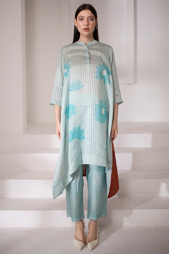 Light Blue Handloom Printed Kaftan Set by CLOS at Pernia's Pop Up Shop